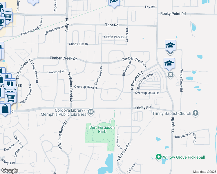 map of restaurants, bars, coffee shops, grocery stores, and more near 8550 Overcup Oaks Drive in Memphis