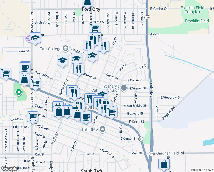 map of restaurants, bars, coffee shops, grocery stores, and more near 717 3rd Street in Taft