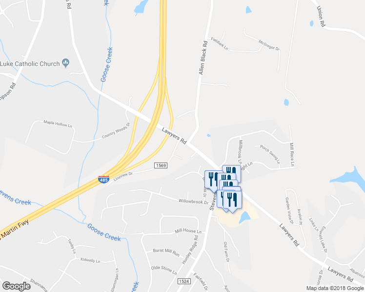 map of restaurants, bars, coffee shops, grocery stores, and more near 14400 Lawyers Road in Matthews