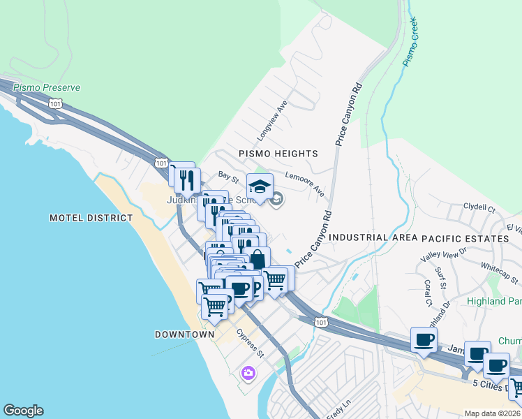 map of restaurants, bars, coffee shops, grocery stores, and more near 680 Wadsworth Street in Pismo Beach