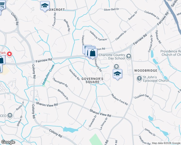map of restaurants, bars, coffee shops, grocery stores, and more near 2526 Valencia Terrace in Charlotte