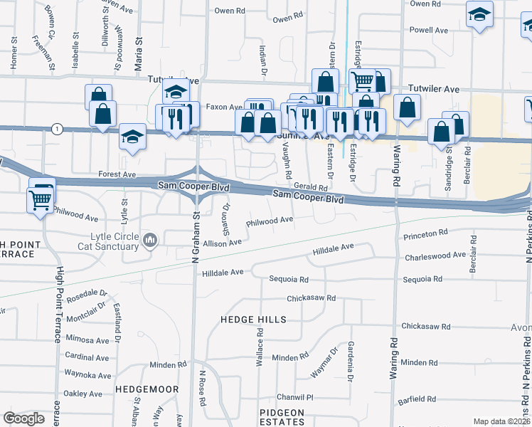 map of restaurants, bars, coffee shops, grocery stores, and more near 4126 Philwood Avenue in Memphis