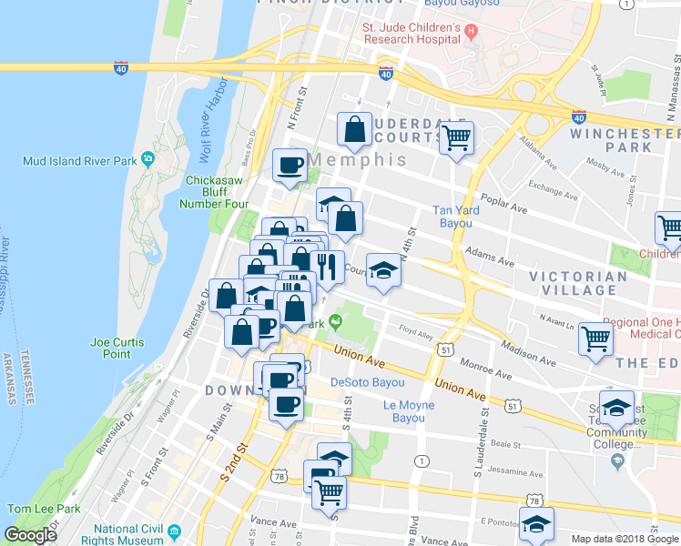 map of restaurants, bars, coffee shops, grocery stores, and more near 22 North 3rd Street in Memphis
