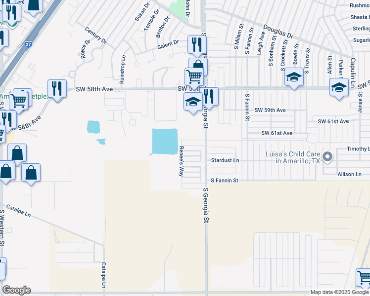 map of restaurants, bars, coffee shops, grocery stores, and more near 2813 Steves Way in Amarillo