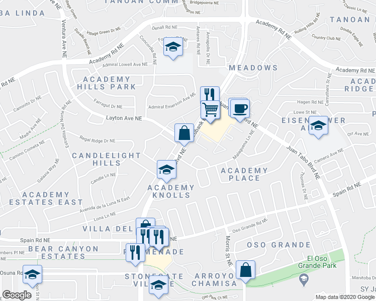 map of restaurants, bars, coffee shops, grocery stores, and more near in Albuquerque