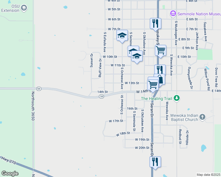 map of restaurants, bars, coffee shops, grocery stores, and more near 1306 South Eufaula Avenue in Wewoka
