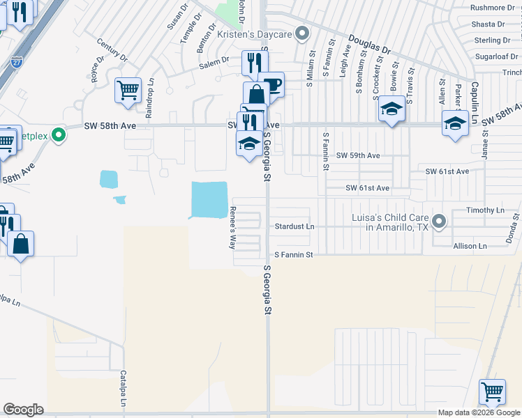 map of restaurants, bars, coffee shops, grocery stores, and more near 2703 Steve's Way in Amarillo