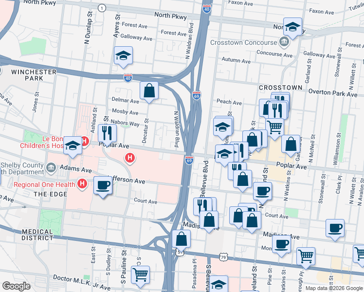 map of restaurants, bars, coffee shops, grocery stores, and more near 1116 Poplar Avenue in Memphis
