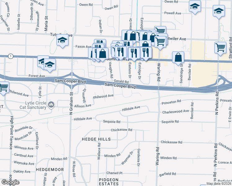 map of restaurants, bars, coffee shops, grocery stores, and more near 4162 Philwood Avenue in Memphis