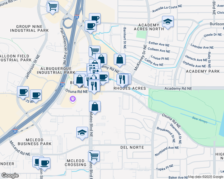map of restaurants, bars, coffee shops, grocery stores, and more near 1617 Seagull Street Northeast in Albuquerque