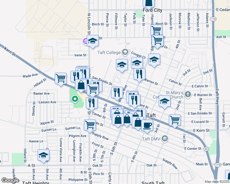 map of restaurants, bars, coffee shops, grocery stores, and more near 722 Lucard Street in Taft