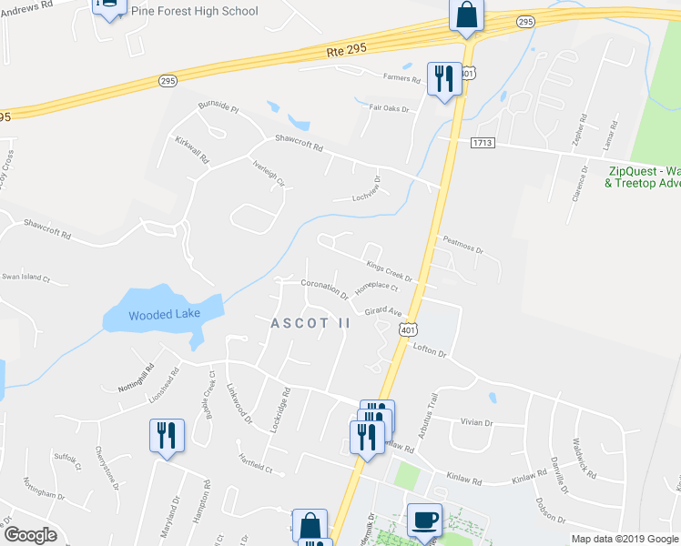 map of restaurants, bars, coffee shops, grocery stores, and more near 5712 Chalmers Court in Fayetteville