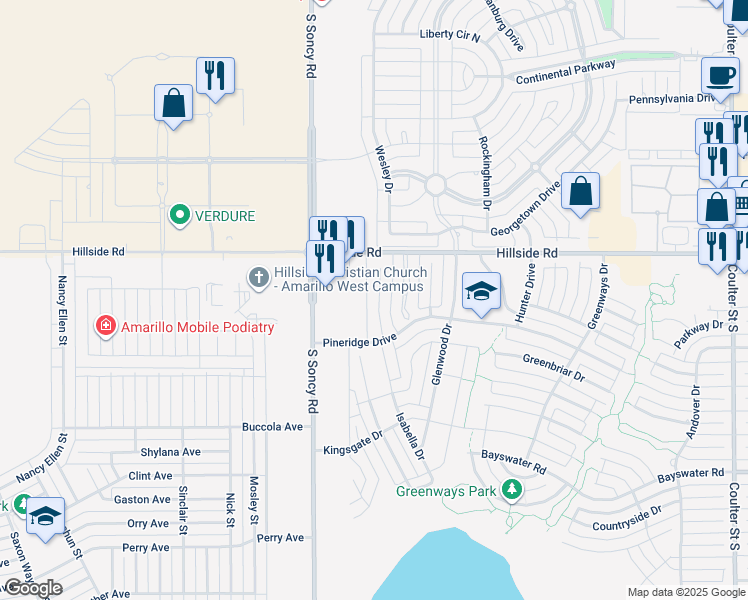 map of restaurants, bars, coffee shops, grocery stores, and more near 6102 Landon Drive in Amarillo