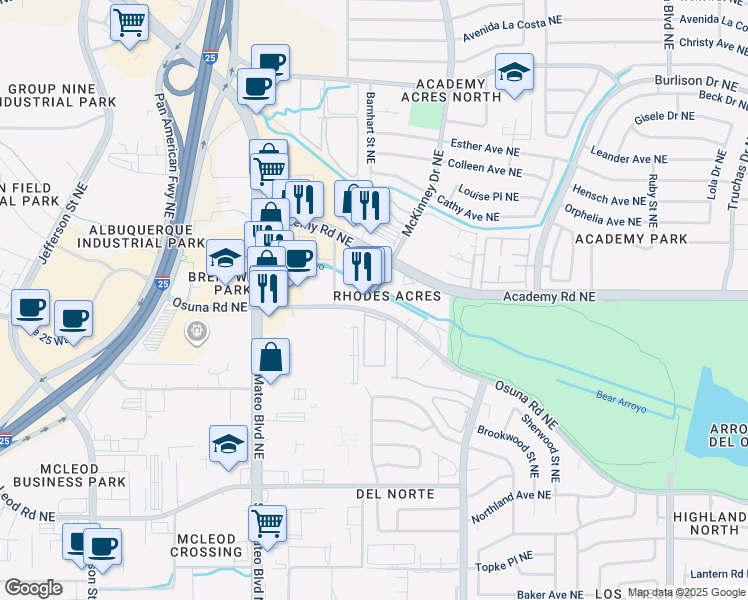 map of restaurants, bars, coffee shops, grocery stores, and more near 6023 Osuna Road Northeast in Albuquerque