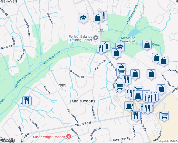 map of restaurants, bars, coffee shops, grocery stores, and more near 908 Ivy Run Court in Charlotte