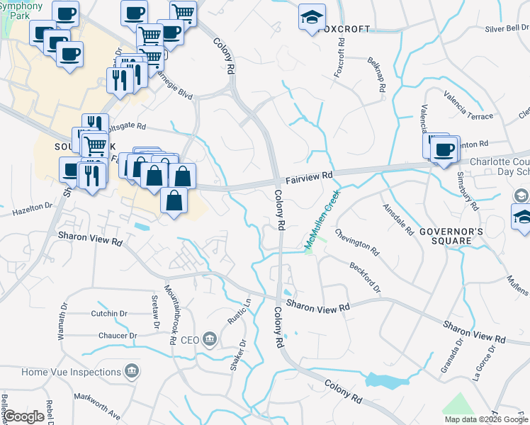 map of restaurants, bars, coffee shops, grocery stores, and more near 3542 Colony Crossing Dr in Charlotte