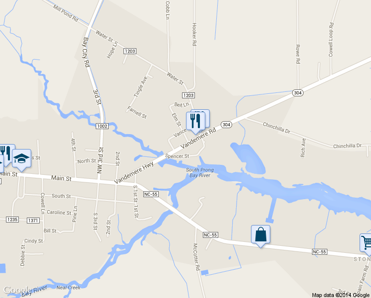 map of restaurants, bars, coffee shops, grocery stores, and more near 407 Vandemere Road in Bayboro