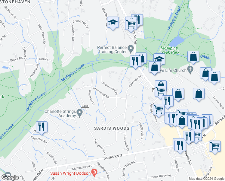 map of restaurants, bars, coffee shops, grocery stores, and more near 7807 Surreywood Place in Charlotte