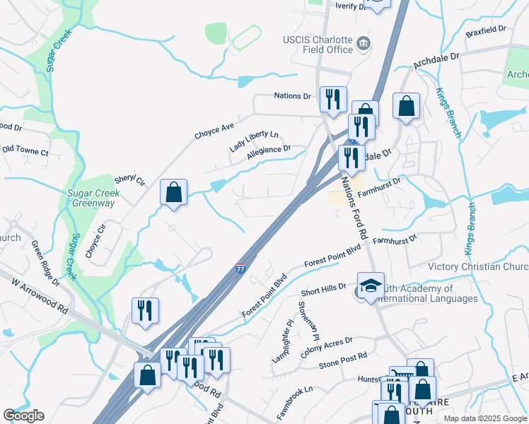 map of restaurants, bars, coffee shops, grocery stores, and more near 418 Granby Circle in Charlotte