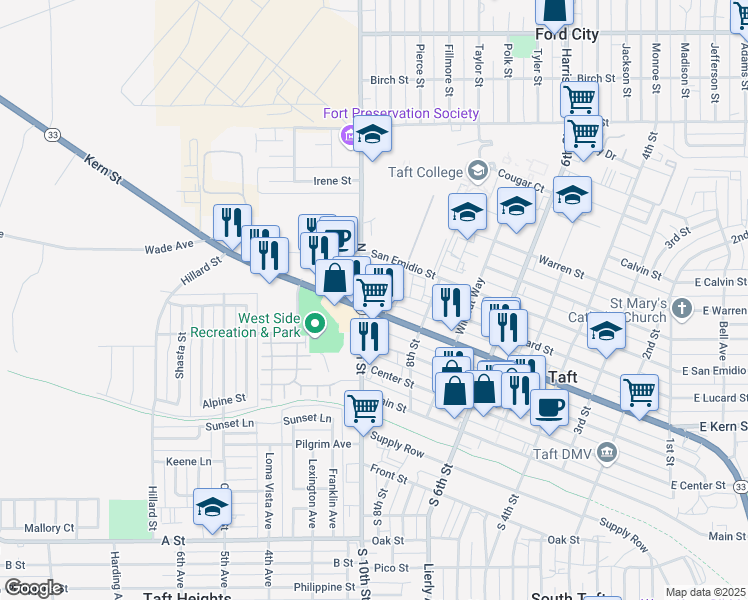 map of restaurants, bars, coffee shops, grocery stores, and more near 900 Kern Street in Taft