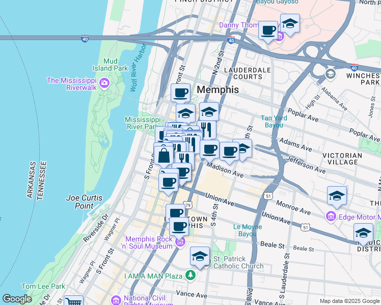 map of restaurants, bars, coffee shops, grocery stores, and more near 102 North 2nd Street in Memphis