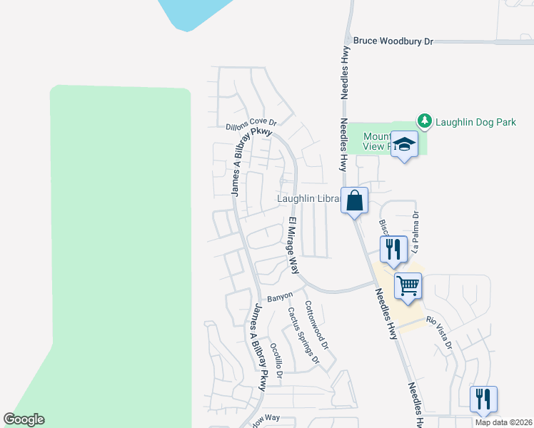 map of restaurants, bars, coffee shops, grocery stores, and more near 2213 Chandler Ranch Place in Laughlin
