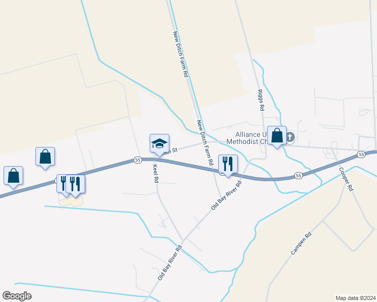 map of restaurants, bars, coffee shops, grocery stores, and more near 203 Main Street in Alliance