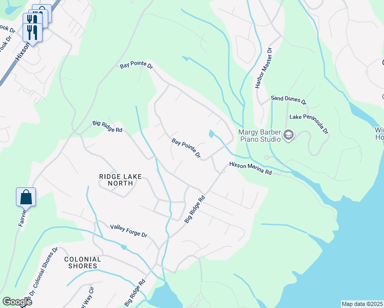 map of restaurants, bars, coffee shops, grocery stores, and more near 2131 Bay Pointe Drive in Chattanooga