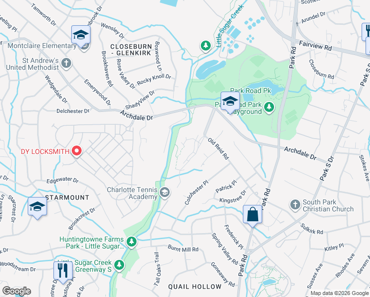 map of restaurants, bars, coffee shops, grocery stores, and more near 6501 Clavell Lane in Charlotte