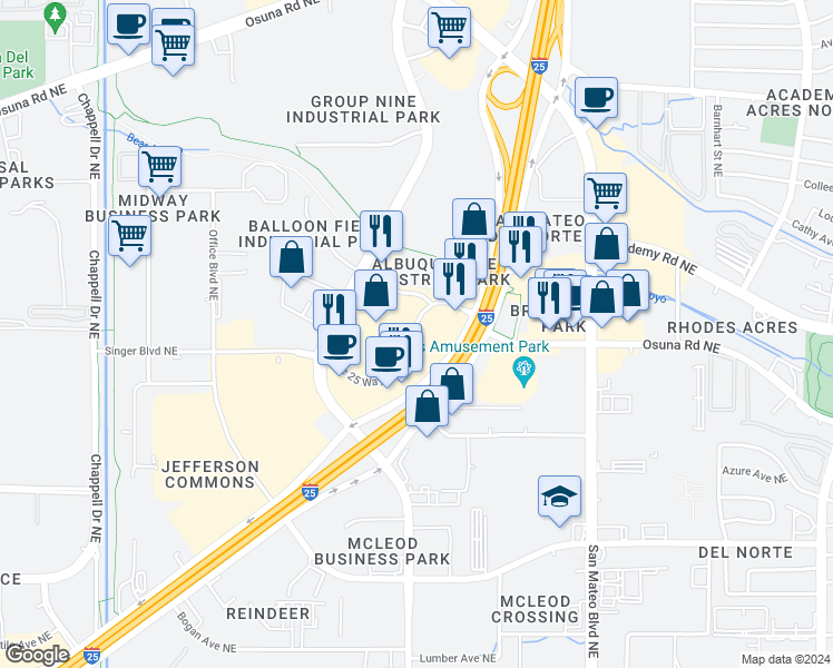 map of restaurants, bars, coffee shops, grocery stores, and more near 4420 The 25 Way NE in Albuquerque