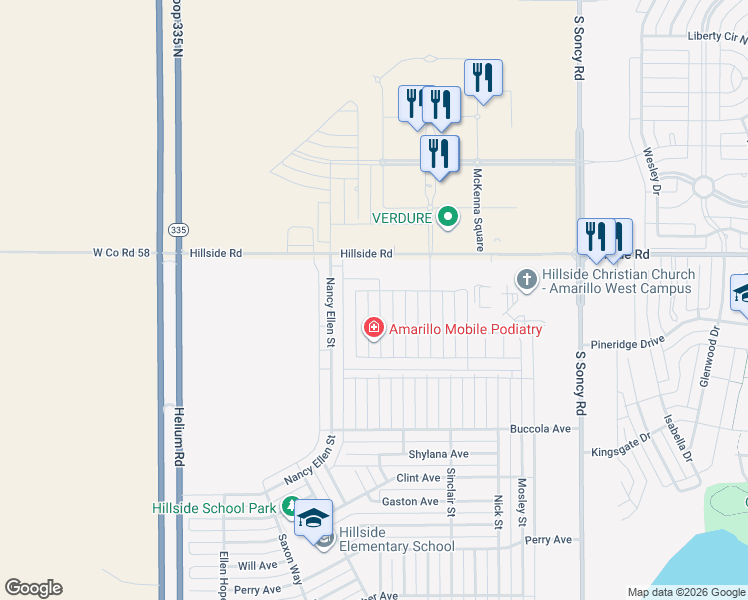 map of restaurants, bars, coffee shops, grocery stores, and more near 7100 West Loop 335 South in Amarillo