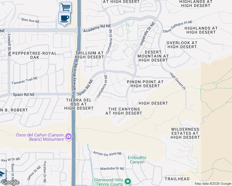 map of restaurants, bars, coffee shops, grocery stores, and more near 13000 Desert Moon Place Northeast in Albuquerque