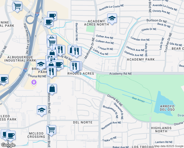 map of restaurants, bars, coffee shops, grocery stores, and more near 6110 Academy Road Northeast in Albuquerque