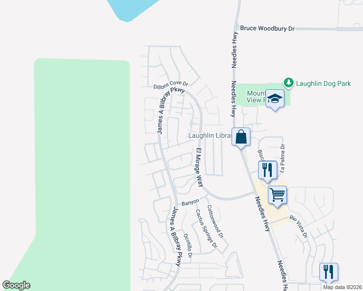 map of restaurants, bars, coffee shops, grocery stores, and more near 2225 Chandler Ranch Place in Laughlin