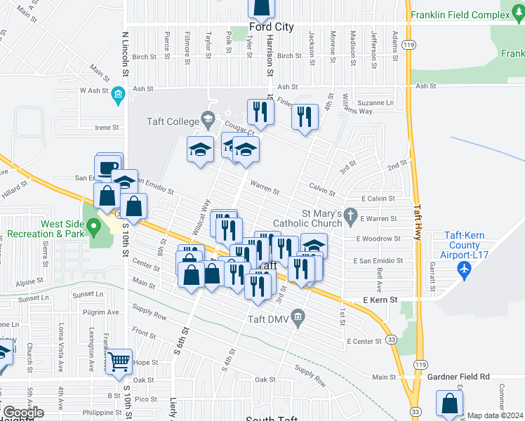 map of restaurants, bars, coffee shops, grocery stores, and more near 610 5th Street in Taft