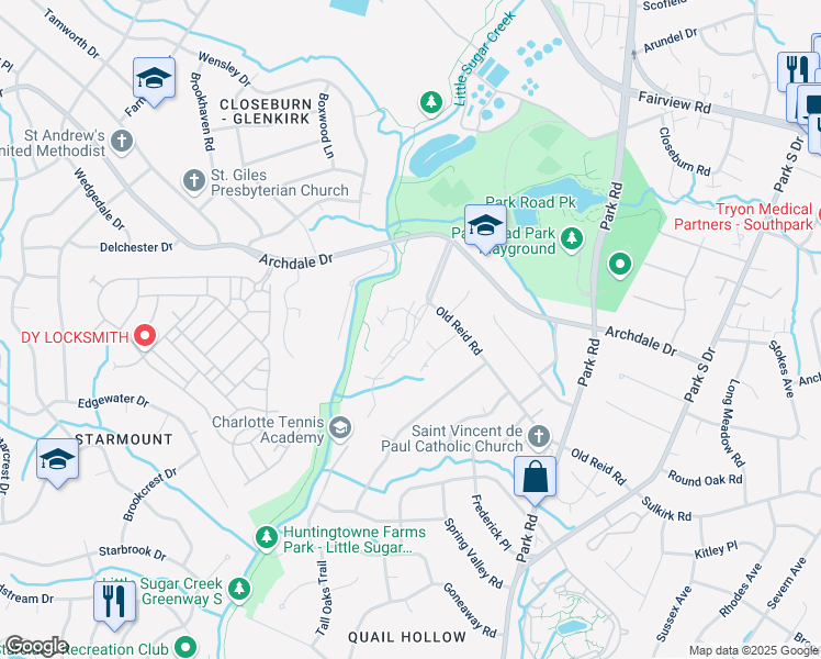 map of restaurants, bars, coffee shops, grocery stores, and more near 6000 Gray Gate Lane in Charlotte