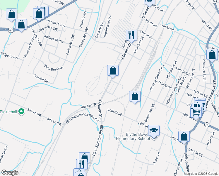 map of restaurants, bars, coffee shops, grocery stores, and more near 1813 South Ocoee Street in Cleveland