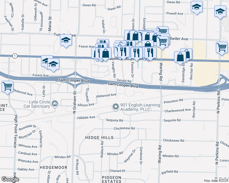 map of restaurants, bars, coffee shops, grocery stores, and more near 4162 Philwood Avenue in Memphis
