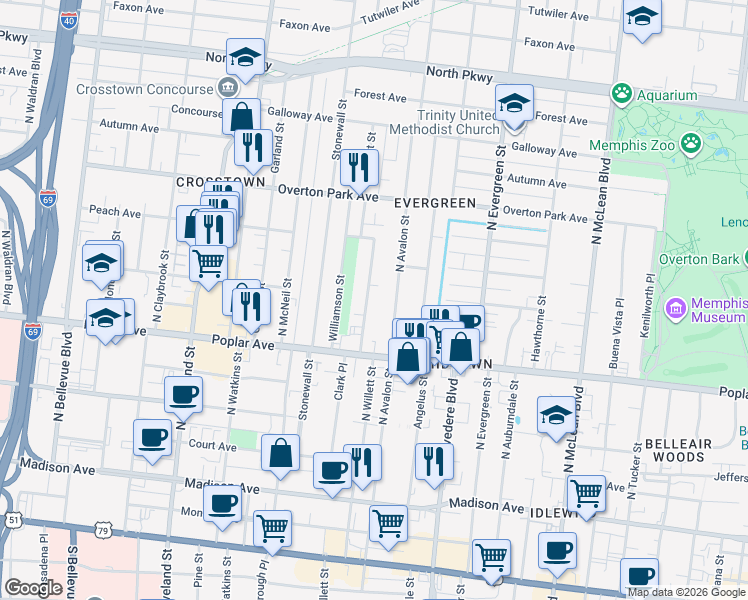 map of restaurants, bars, coffee shops, grocery stores, and more near 243 North Avalon Street in Memphis