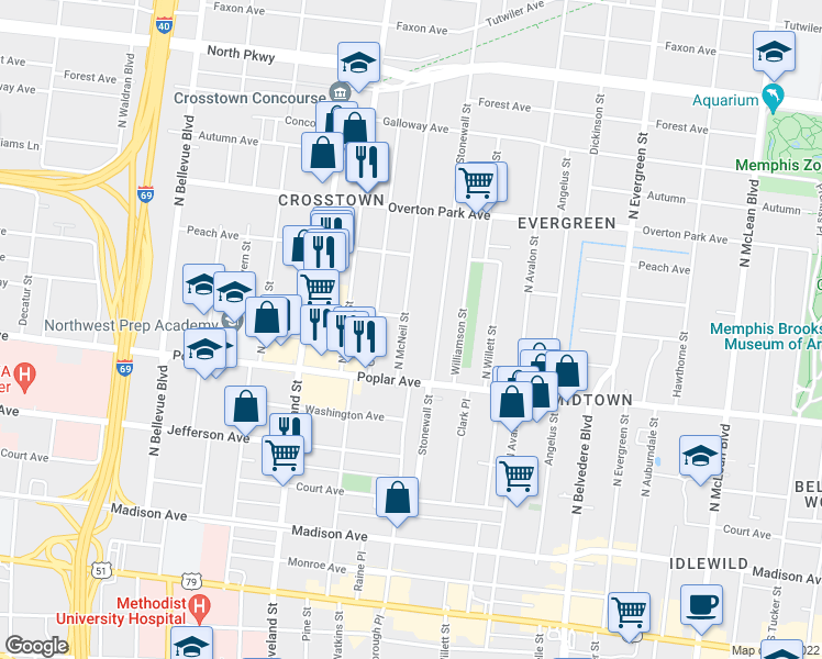 map of restaurants, bars, coffee shops, grocery stores, and more near 233 North McNeil Street in Memphis