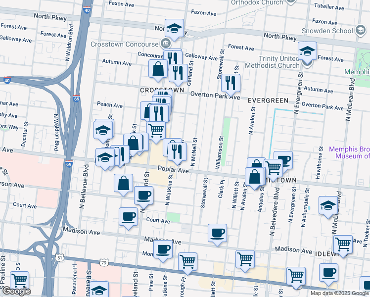 map of restaurants, bars, coffee shops, grocery stores, and more near 233 North McNeil Street in Memphis