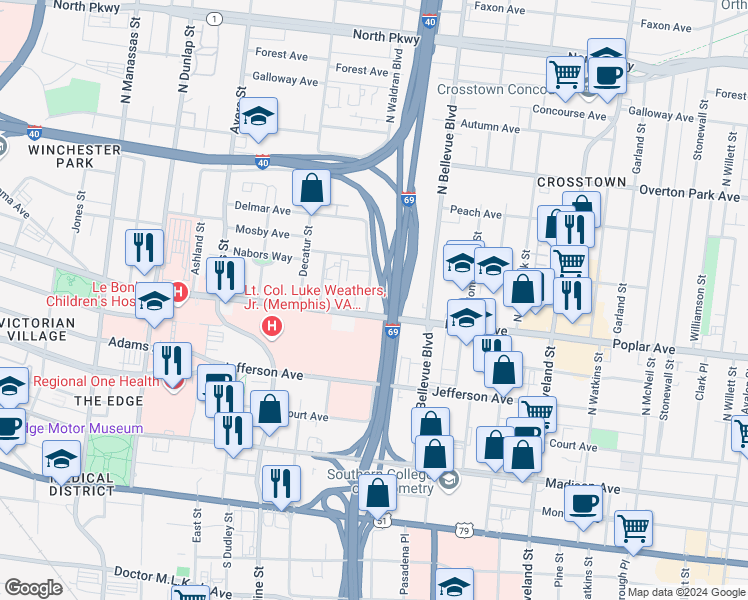 map of restaurants, bars, coffee shops, grocery stores, and more near 1094 Poplar Avenue in Memphis