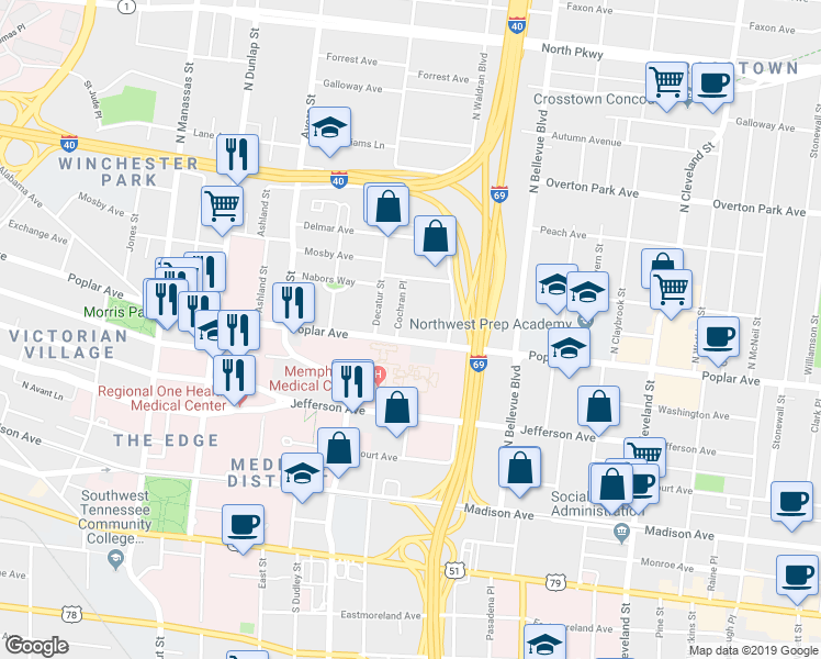 map of restaurants, bars, coffee shops, grocery stores, and more near in Memphis