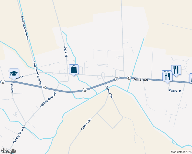 map of restaurants, bars, coffee shops, grocery stores, and more near 860 Main Street in Bayboro