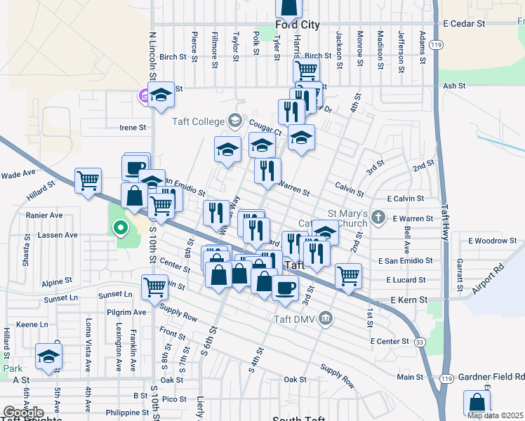 map of restaurants, bars, coffee shops, grocery stores, and more near 530 San Emidio Street in Taft