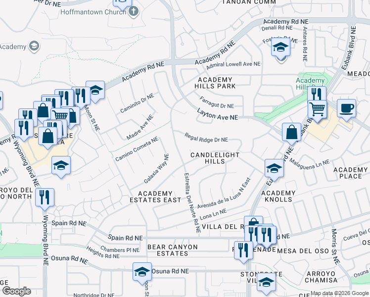 map of restaurants, bars, coffee shops, grocery stores, and more near 5612 Estrellita Del Norte Road Northeast in Albuquerque