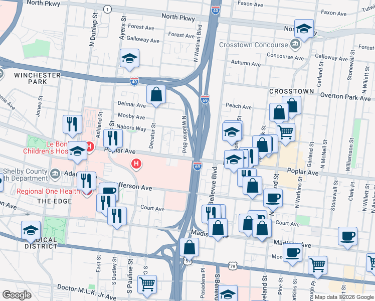 map of restaurants, bars, coffee shops, grocery stores, and more near 1116 Poplar Avenue in Memphis