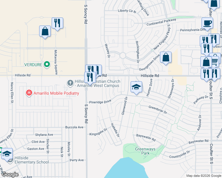 map of restaurants, bars, coffee shops, grocery stores, and more near 6107 Tuscany Village in Amarillo