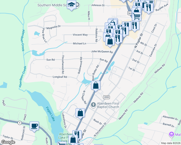 map of restaurants, bars, coffee shops, grocery stores, and more near 1000 Bion Butler Road in Aberdeen