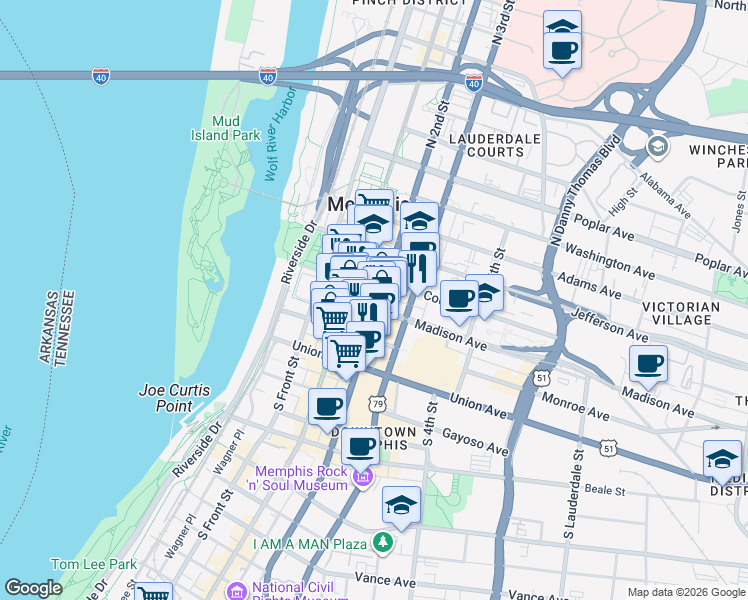 map of restaurants, bars, coffee shops, grocery stores, and more near 152 Madison Avenue in Memphis